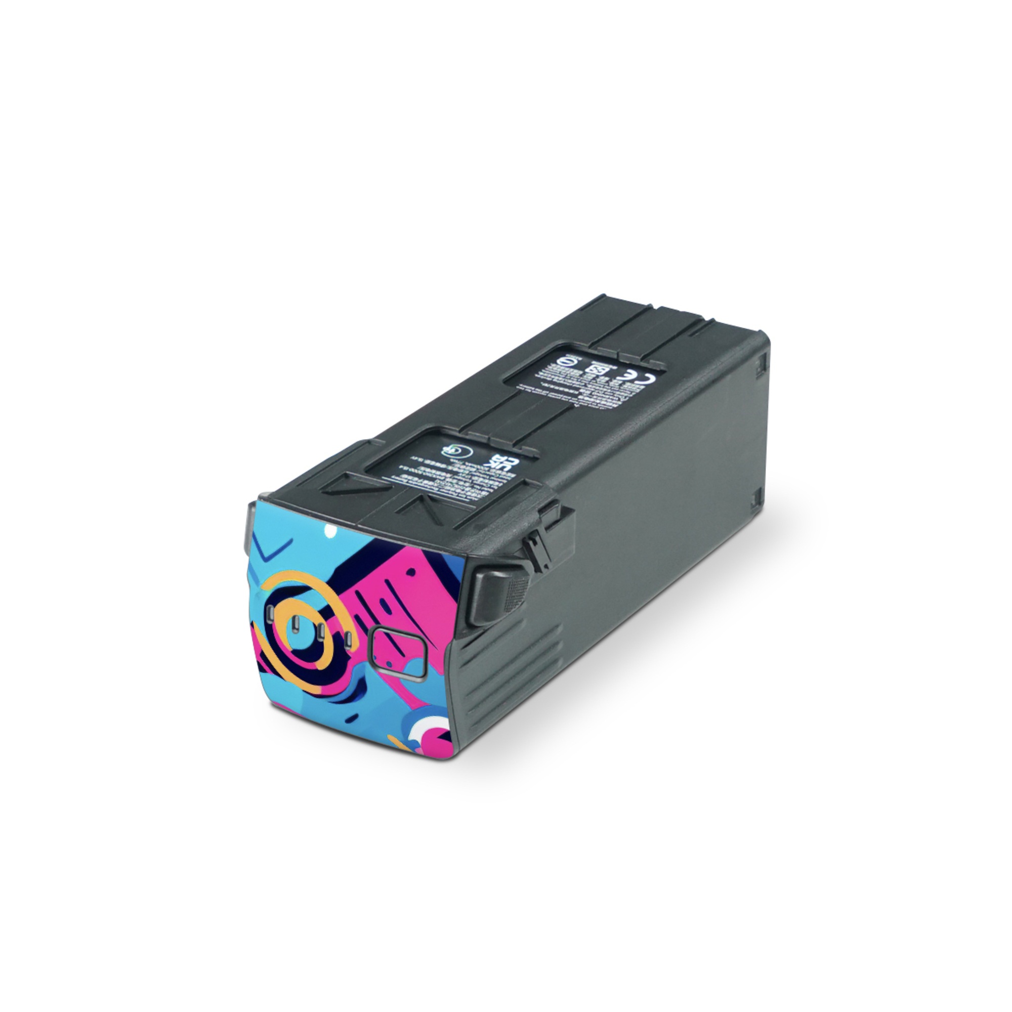 DJI Mavic 3 Battery Skin design of Colorfulness, Font, Line, Material property, Art, Magenta, Pattern, Electric blue, Circle, Graphics, with blue, pink, black, white, orange colors