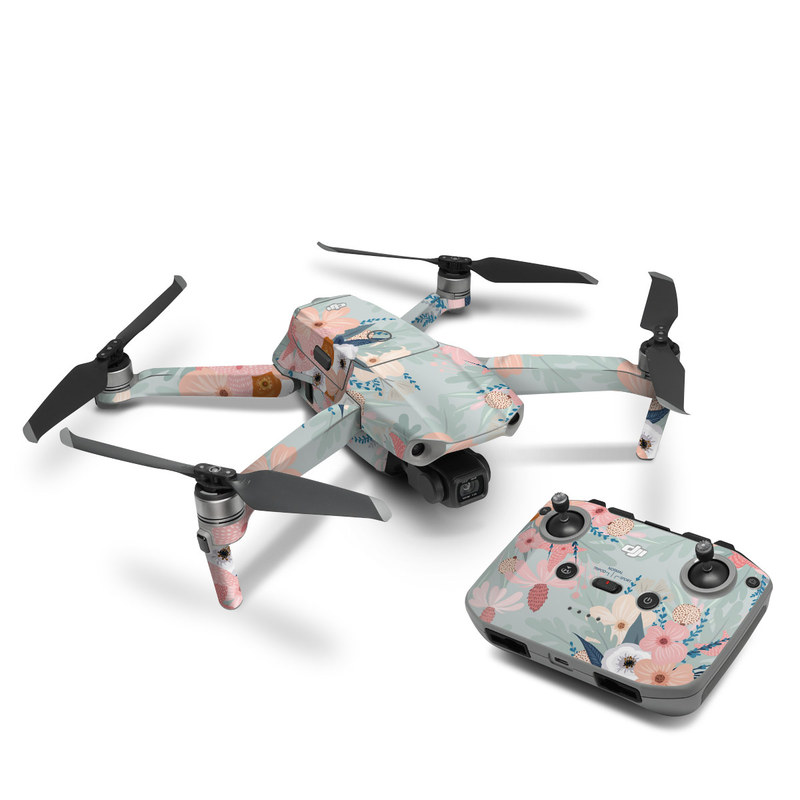 DJI Mavic Air 2 Skin design of Pattern, Aqua, Wrapping paper, Textile, Design, Floral design, Wildflower, Plant, Pedicel, Blossom, with pink, red, blue, white colors