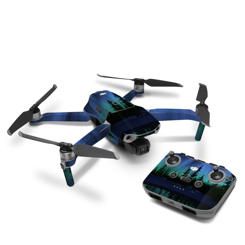DJI Mavic Air 2 Skin design of Aurora, Nature, Sky, shortleaf black spruce, Natural landscape, Tree, Wilderness, Natural environment, Biome, Spruce-fir forest, with blue, purple, green, black colors