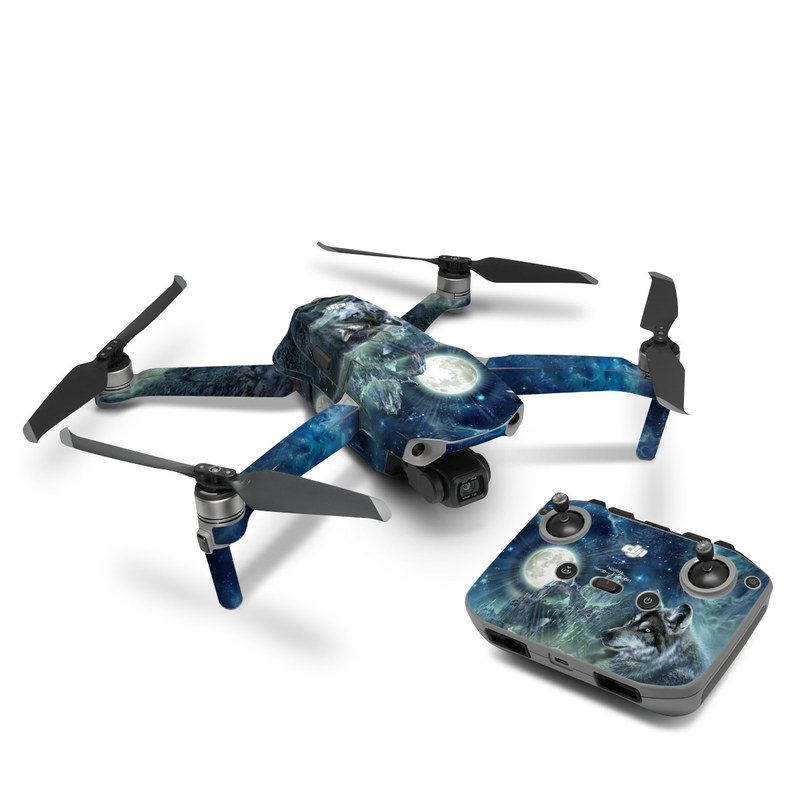 DJI Mavic Air 2 Skin design of Cg artwork, Fictional character, Darkness, Werewolf, Illustration, Wolf, Mythical creature, Graphic design, Dragon, Mythology, with black, blue, gray, white colors
