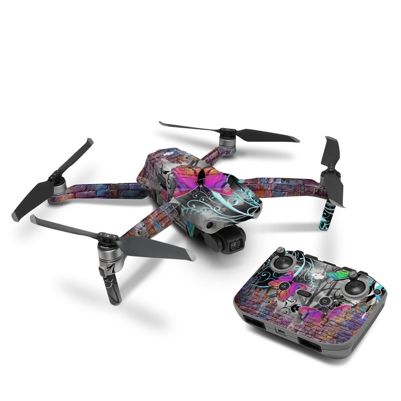 DJI Mavic Air 2 Skin design of Purple, Graphic design, Art, Pattern, Graffiti, Organism, Street art, Wall, Font, Illustration, with red, black, gray, purple, orange, blue, green colors