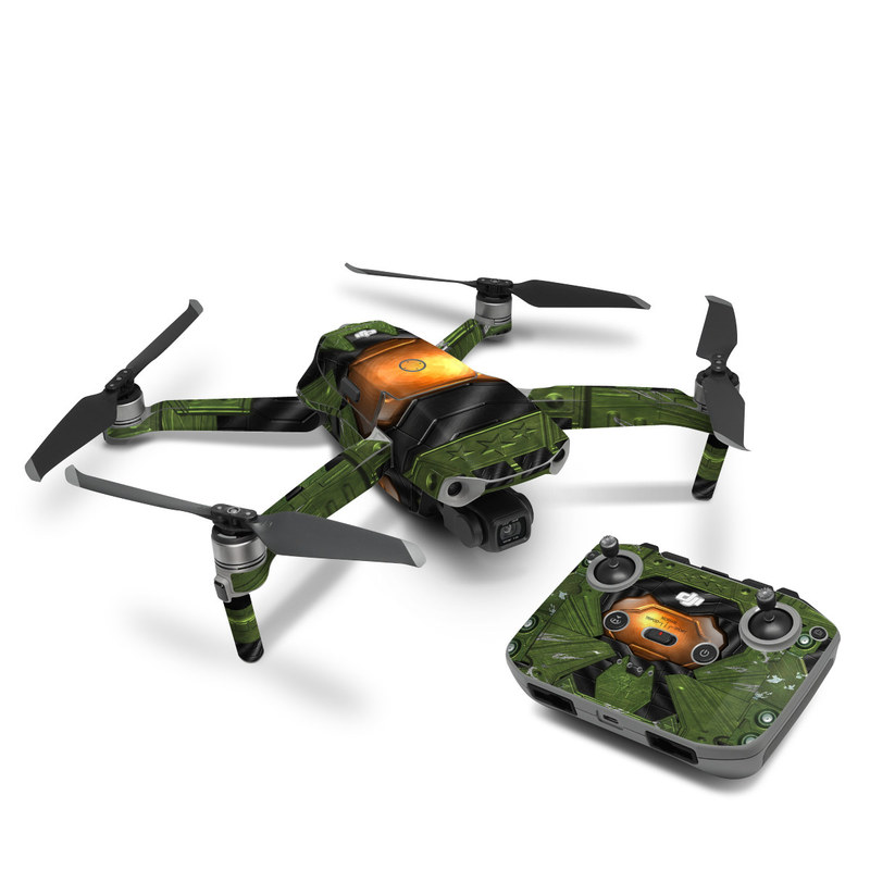 DJI Mavic Air 2 Skin design of Green, Fictional character, Games, Fiction, Pc game, Illustration, Strategy video game, Digital compositing, Art, Screenshot, with green, yellow, orange, black colors