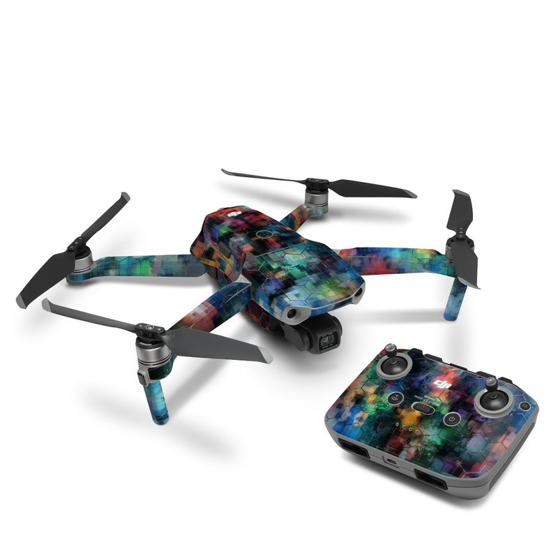 DJI Mavic Air 2 Skin design of Blue, Colorfulness, Pattern, Psychedelic art, Art, Sky, Design, Textile, Dye, Modern art, with black, blue, red, gray, green colors