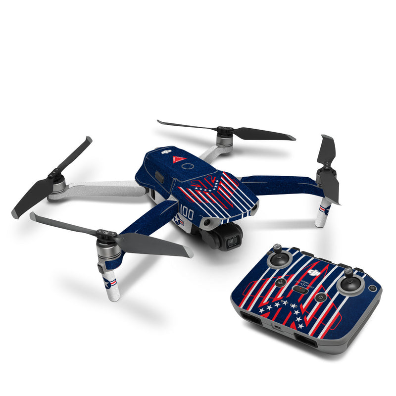 DJI Mavic Air 2 Skin design of Sleeve, Font, Motor vehicle, T-shirt, Emblem, Poster, Electric blue, Symmetry, Symbol, Pattern, with blue, red, white colors