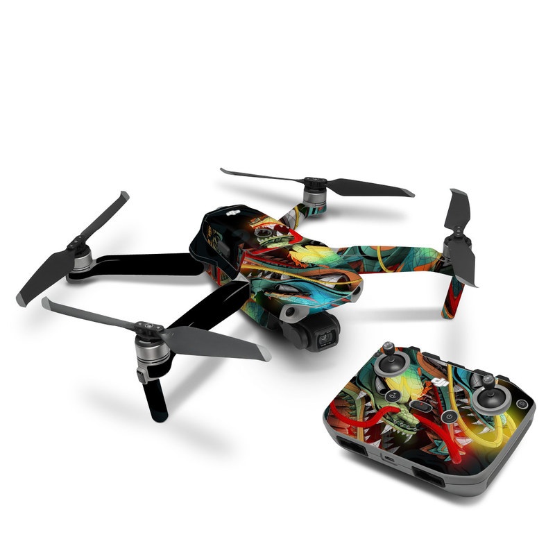 DJI Mavic Air 2 Skin design of Dragon, Fictional character, Illustration, Art, Cg artwork, Fiction, Mythical creature, Graphics, with black, green, red, yellow, orange colors