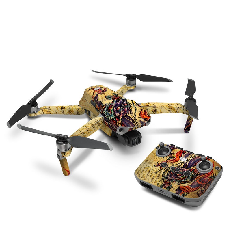 DJI Mavic Air 2 Skin design of Illustration, Fictional character, Art, Demon, Drawing, Visual arts, Dragon, Supernatural creature, Mythical creature, Mythology, with black, green, red, gray, pink, orange colors