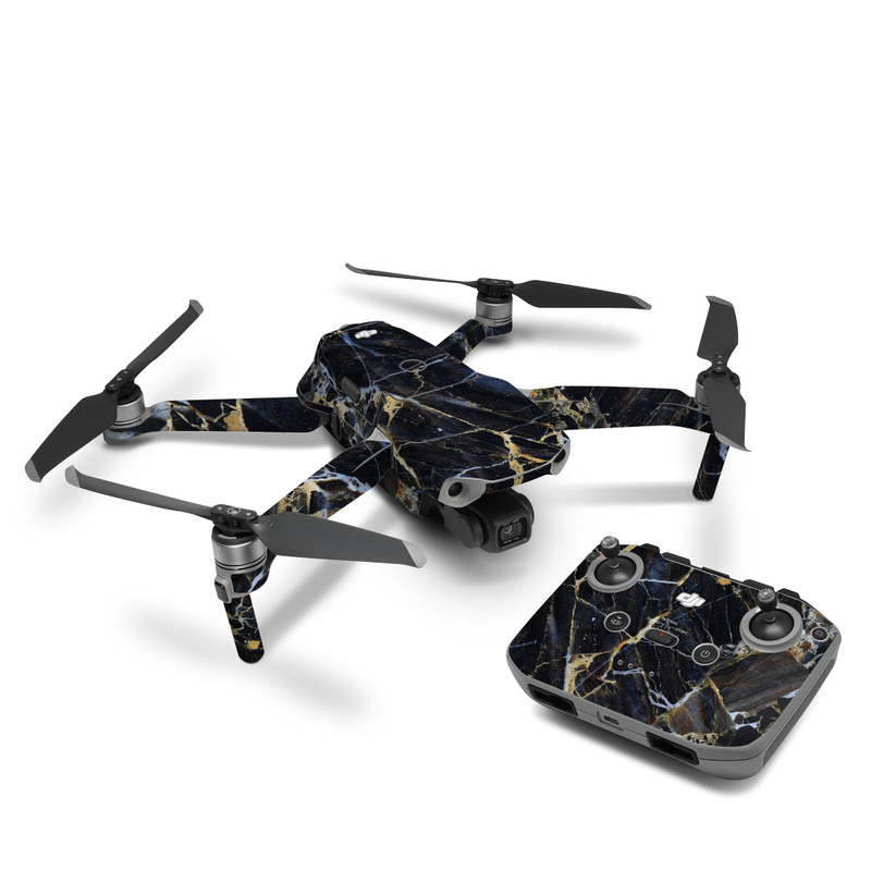 DJI Mavic Air 2 Skin design of Black, Yellow, Rock, Brown, Marble, Water, Close-up, Granite, Pattern, Geology, with black, white, orange, gray, yellow colors