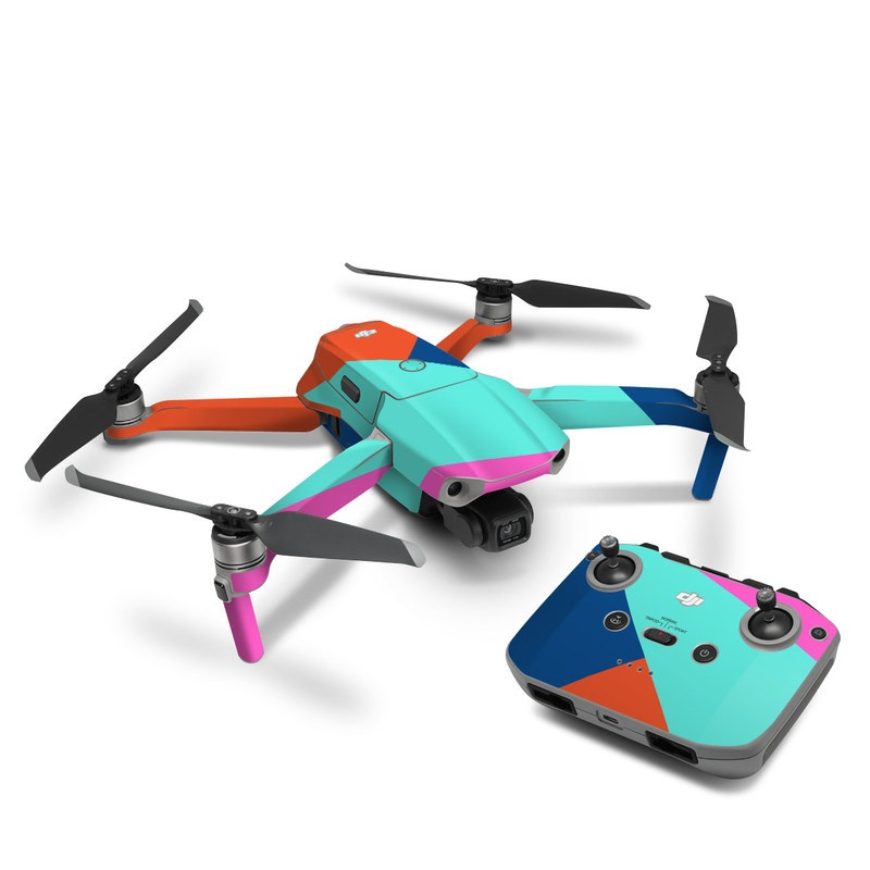 DJI Mavic Air 2 Skin design of Blue, Colorfulness, Turquoise, Line, Azure, Triangle, Pattern, Graphic design, Magenta, with blue, pink, orange, red colors