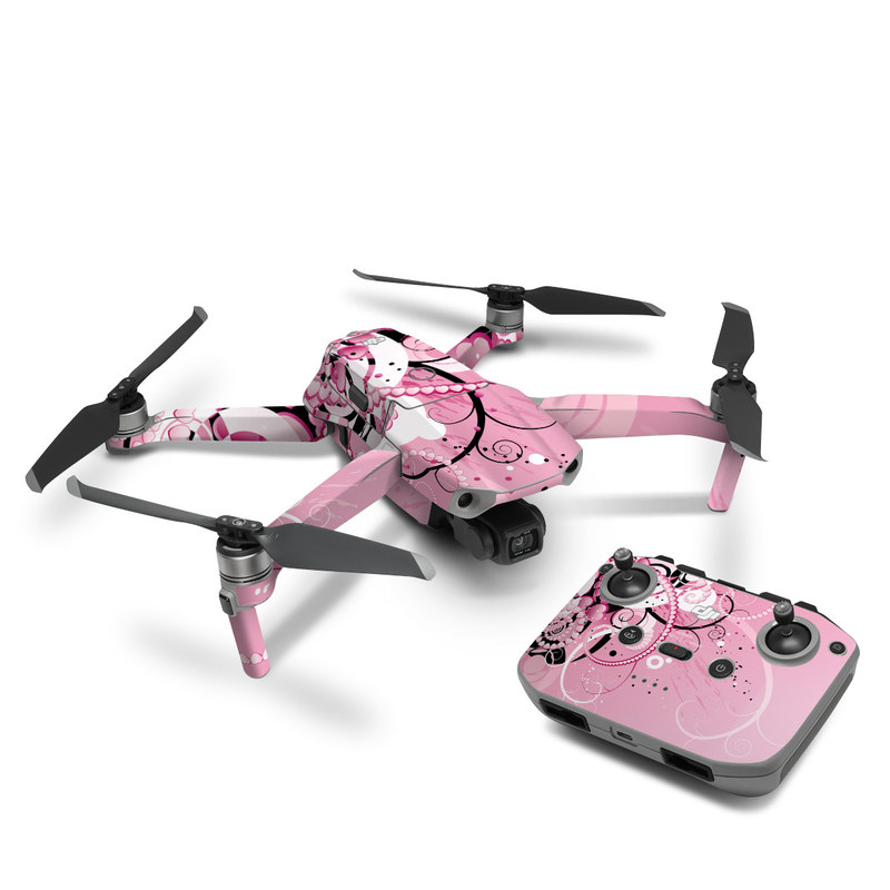 DJI Mavic Air 2 Skin design of Pink, Floral design, Graphic design, Text, Design, Flower Arranging, Pattern, Illustration, Flower, Floristry, with pink, gray, black, white, purple, red colors