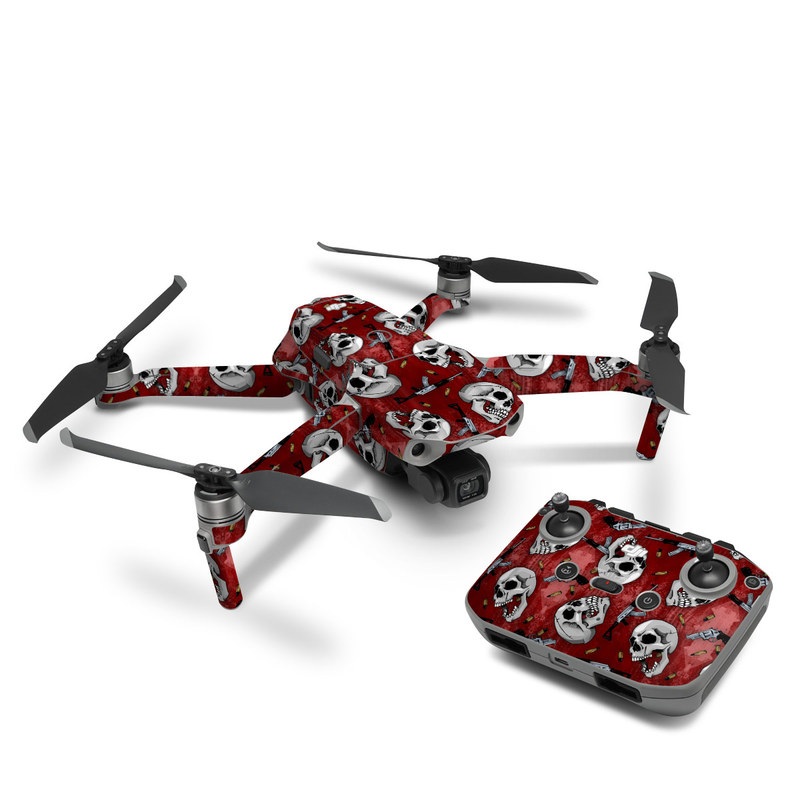 DJI Mavic Air 2 Skin design of Skull, Red, Bone, Personal protective equipment, Skeleton, Mask, Font, Sports gear, Headgear, Pattern with black, red, gray colors
