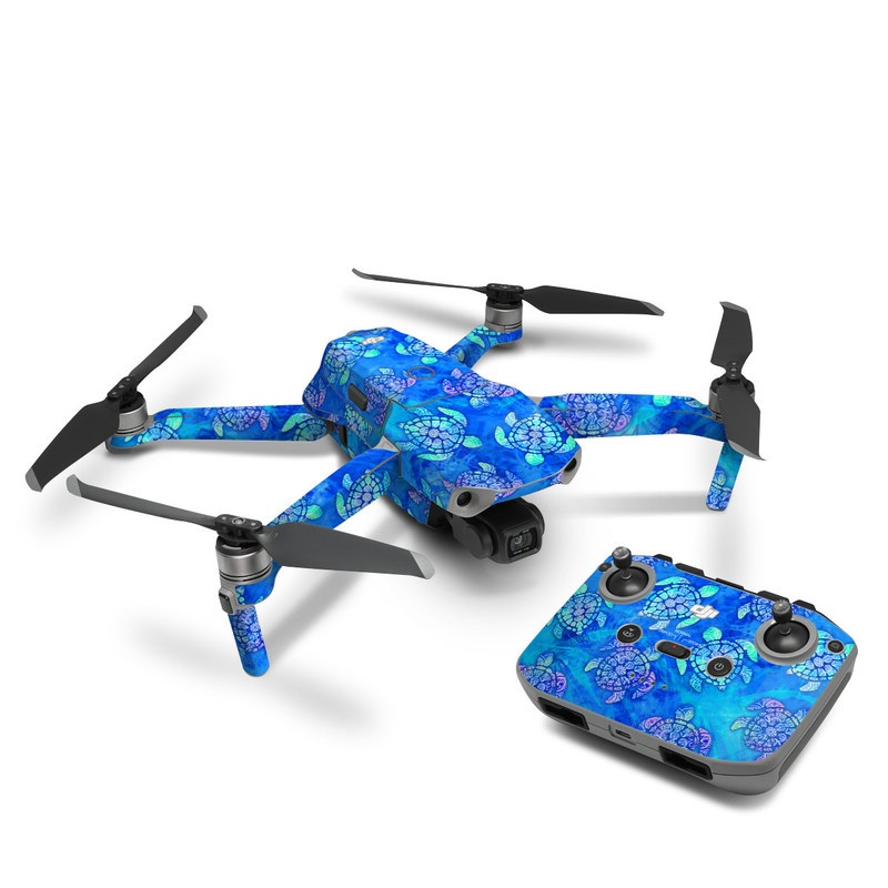 DJI Mavic Air 2 Skin design of Blue, Pattern, Organism, Design, Sea turtle, Plant, Electric blue, Hydrangea, Flower, Symmetry, with blue, green, purple colors