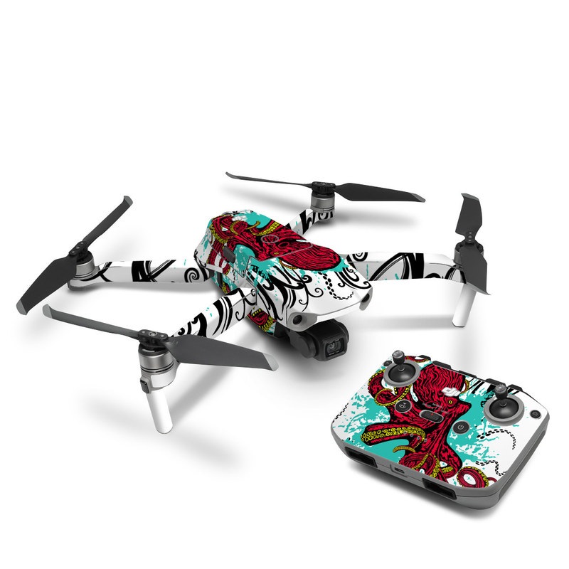 DJI Mavic Air 2 Skin design of Graphic design, Illustration, Visual arts, Octopus, Design, Art, Fictional character, Pattern, Clip art, Line art, with black, white, gray, red, blue, green colors