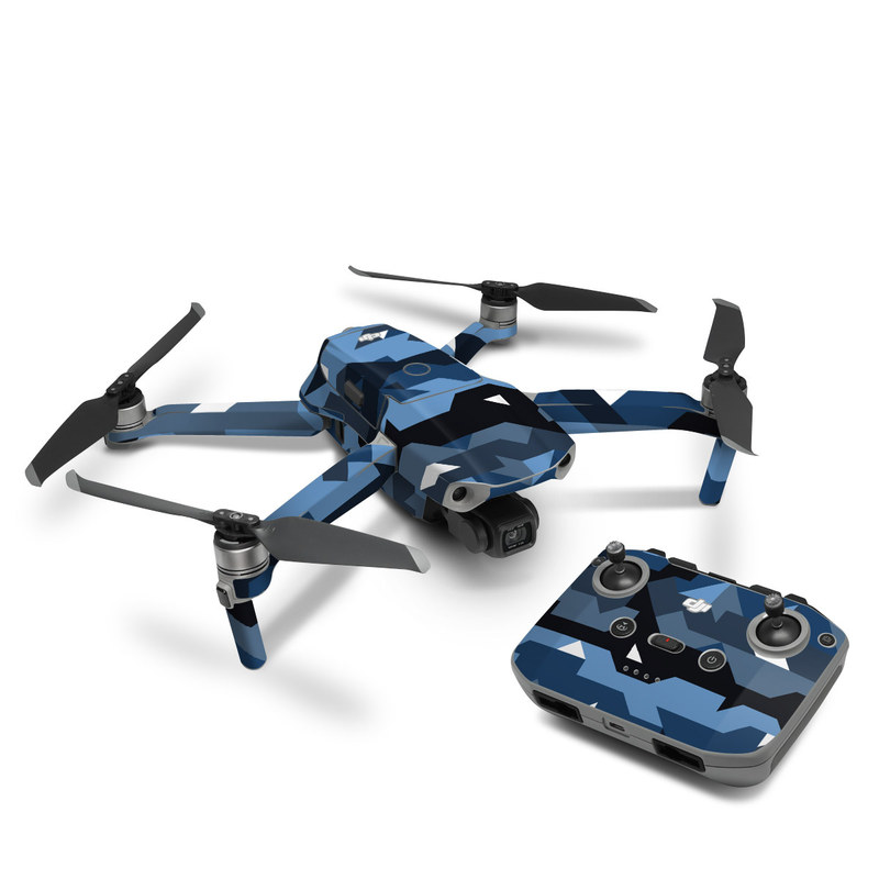 DJI Mavic Air 2 Skin design of Blue, Pattern, Design, Font, Line, Camouflage, Illustration, Triangle, with blue, black, white, gray colors