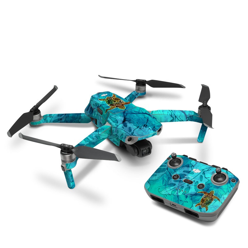 DJI Mavic Air 2 Skin design of Sea turtle, Green sea turtle, Turtle, Hawksbill sea turtle, Tortoise, Reptile, Loggerhead sea turtle, Illustration, Art, Pattern, with blue, black, green, gray, red colors