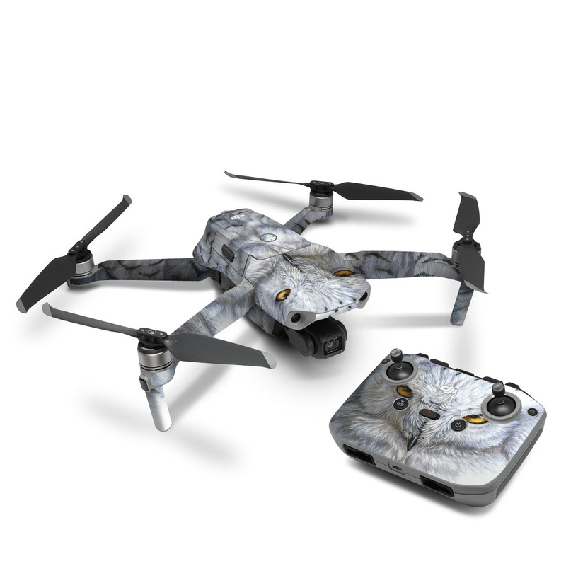 DJI Mavic Air 2 Skin design of Owl, Bird, Bird of prey, Snowy owl, great grey owl, Close-up, Eye, Snout, Wildlife, Eastern Screech owl, with gray, white, black, blue, purple colors
