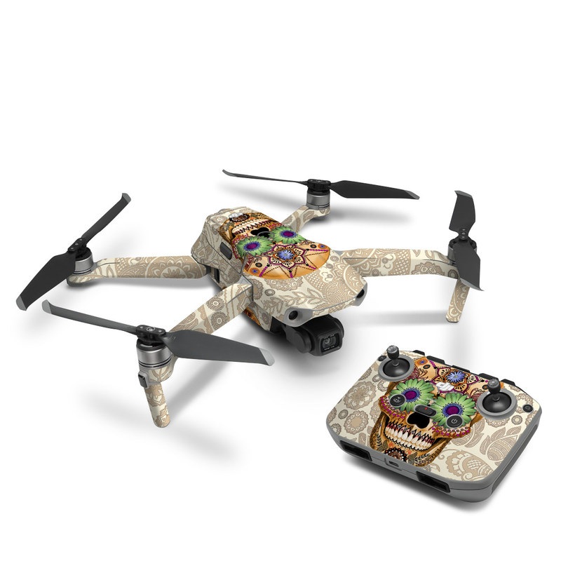 DJI Mavic Air 2 Skin design of Skull, Bone, Pattern, Design, Illustration, Visual arts, Fashion accessory, Art, with gray, yellow, green, black, red, pink colors