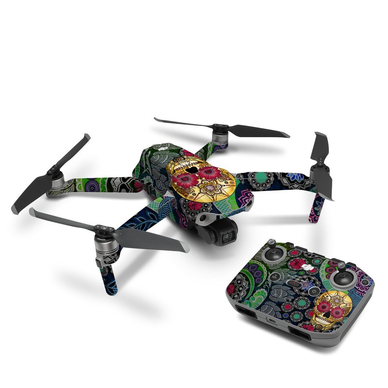 DJI Mavic Air 2 Skin design of Skull, Bone, Pattern, Psychedelic art, Visual arts, Design, Illustration, Art, Textile, Plant, with black, red, gray, green, blue colors