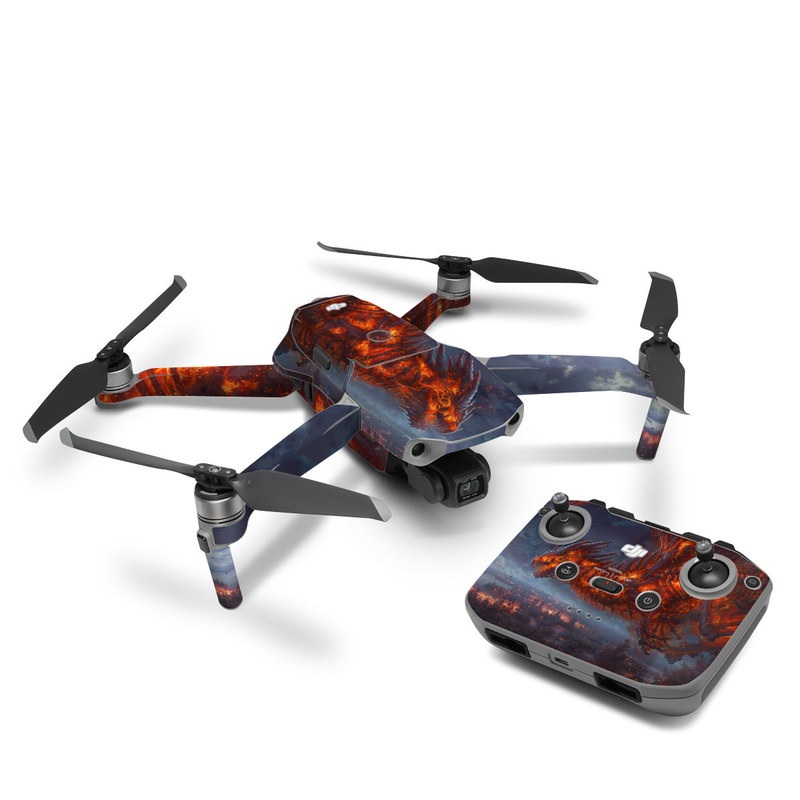 DJI Mavic Air 2 Skin design of Geological phenomenon, Dragon, Cg artwork, Sky, Flame, Fictional character, Mythology, Lava, Demon, Heat, with red, blue, black colors