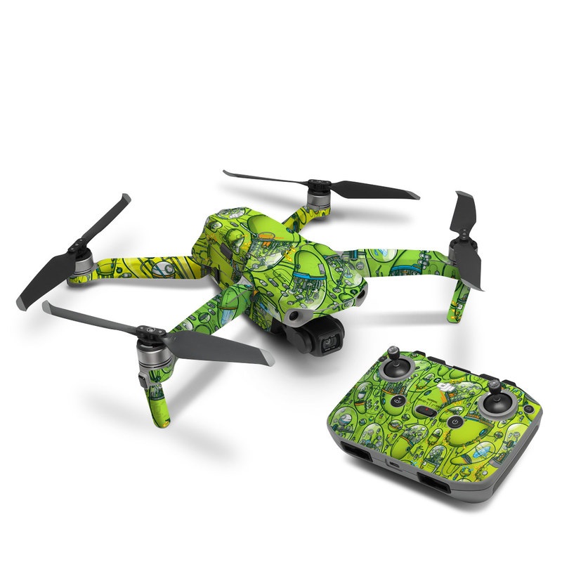 DJI Mavic Air 2 Skin design of Green, Pattern, Yellow, Design, Illustration, Plant, Art, Graphic design, Urban design, with green, blue, gray, yellow, orange colors