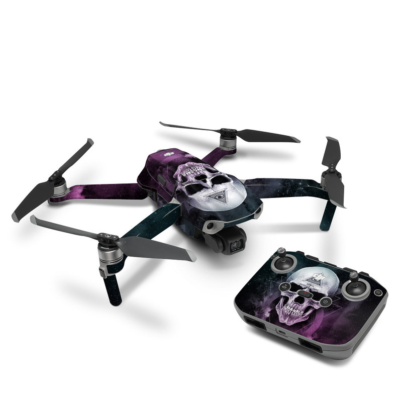 DJI Mavic Air 2 Skin design of Skull, Bone, Illustration, Font, Jaw, Fictional character, Graphic design, Graphics, Art, with black, white, gray, purple colors