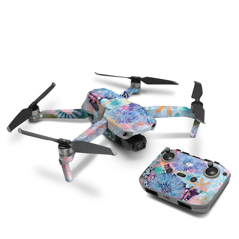 DJI Mavic Air 2 Skin design of Pattern, Aqua, Textile, Design, Watercolor paint, Visual arts, Flower, Art, Plant, Illustration, with blue, orange, pink, purple, green, white colors