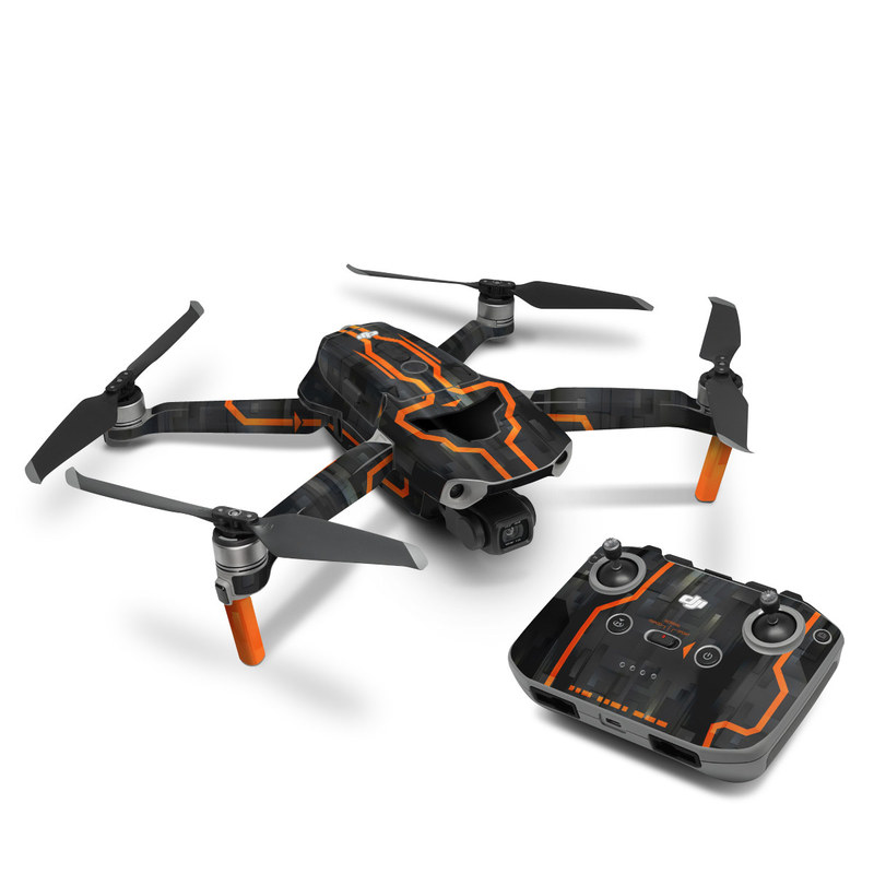 DJI Mavic Air 2 Skin design of Orange, Font, Parallel, Pattern, Graphics, Rectangle, Logo, Brand, Graphic design, Event, with black, orange colors