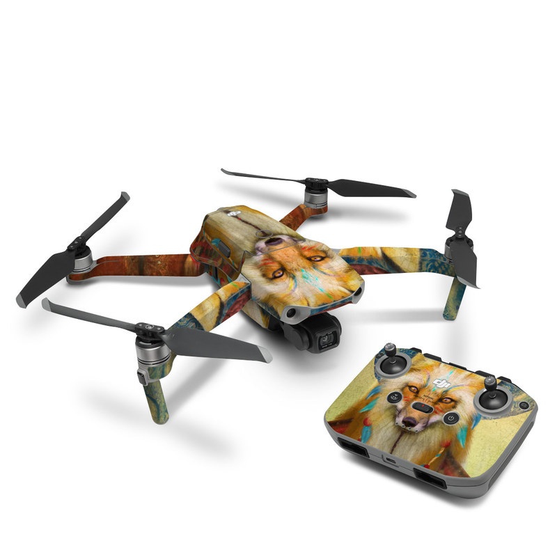DJI Mavic Air 2 Skin design of Red fox, Canidae, Fox, Wildlife, Swift fox, Carnivore, Jackal, Fur, Snout, Art, with red, black, gray, green, blue colors