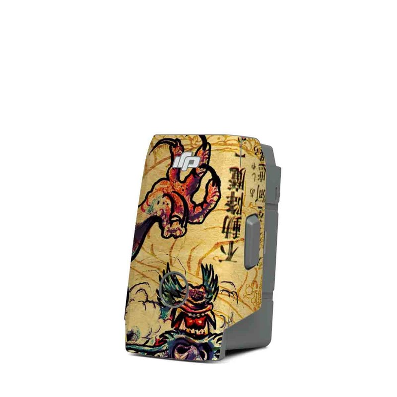 DJI Mavic Air 2 Battery Skin design of Illustration, Fictional character, Art, Demon, Drawing, Visual arts, Dragon, Supernatural creature, Mythical creature, Mythology, with black, green, red, gray, pink, orange colors