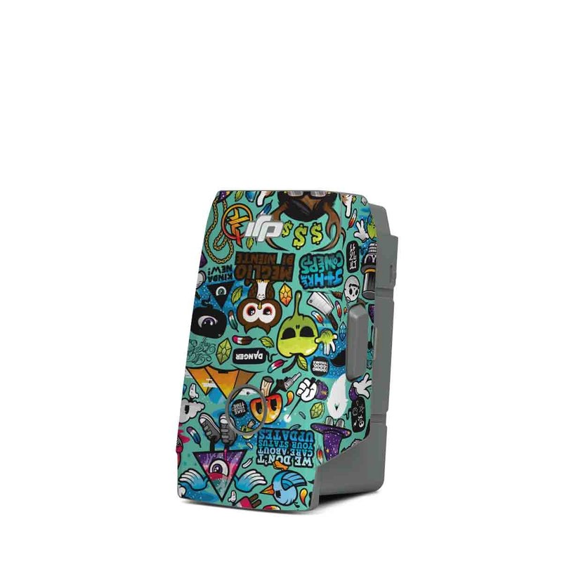 DJI Mavic Air 2 Battery Skin design of Cartoon, Art, Pattern, Design, Illustration, Visual arts, Doodle, Psychedelic art, with black, blue, gray, red, green colors