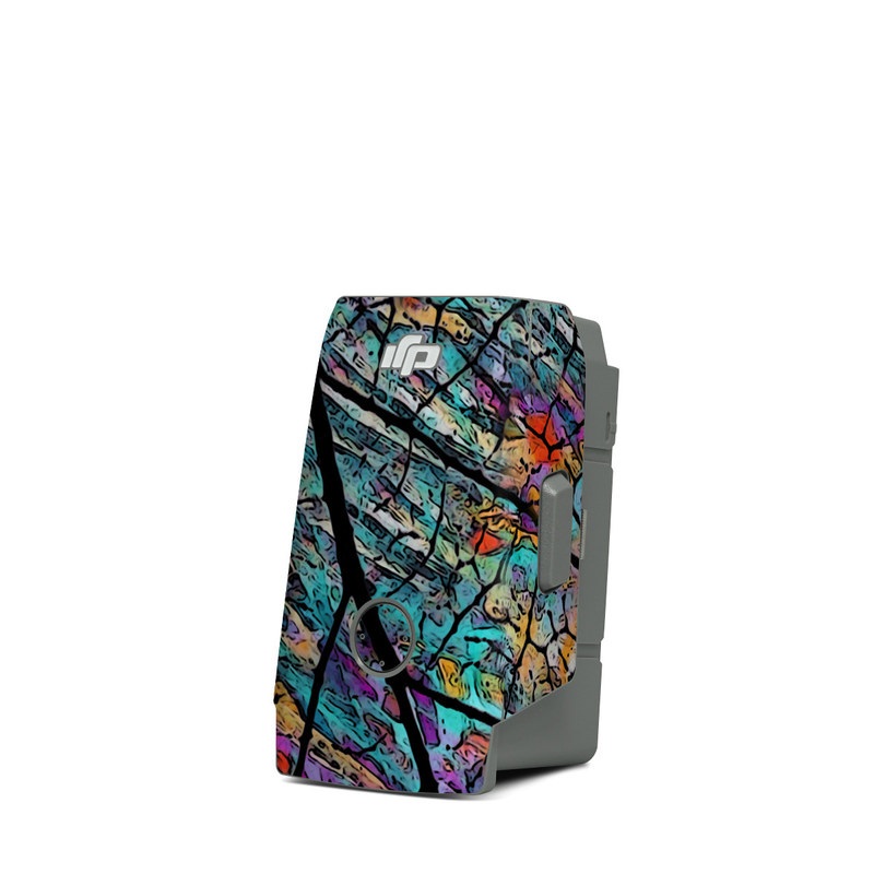 DJI Mavic Air 2 Battery Skin design of Pattern, Colorfulness, Line, Branch, Tree, Leaf, Design, Visual arts, Glass, Plant, with black, gray, red, blue, green colors