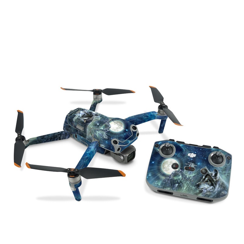 DJI Air 2S Skin design of Cg artwork, Fictional character, Darkness, Werewolf, Illustration, Wolf, Mythical creature, Graphic design, Dragon, Mythology, with black, blue, gray, white colors