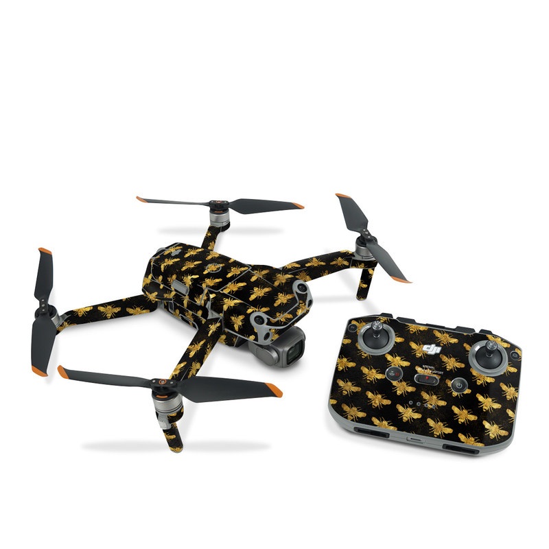 DJI Air 2S Skin design of Pattern, Yellow, Flower, Design, Plant, Wildflower, Textile, Metal, with black, yellow colors