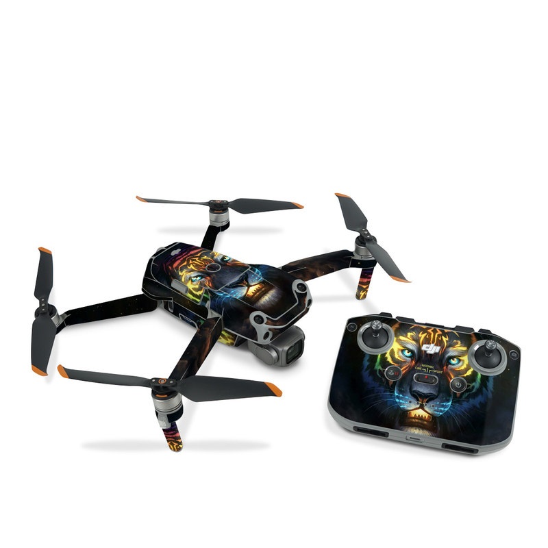 DJI Air 2S Skin design of Felidae, Vertebrate, Carnivore, Organism, Painting, Roar, Bengal tiger, Big cats, Art, Whiskers, with black, yellow, orange, red, green, purple, blue colors