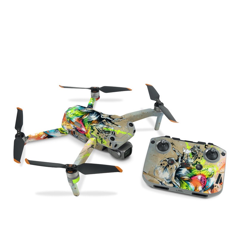 DJI Air 2S Skin design of Graphic design, Art, Illustration, Fictional character, Visual arts, Graphics, Painting, Watercolor paint, Modern art, Games, with gray, black, green, red, orange, pink colors