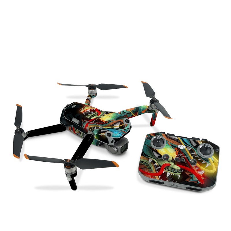DJI Air 2S Skin design of Dragon, Fictional character, Illustration, Art, Cg artwork, Fiction, Mythical creature, Graphics, with black, green, red, yellow, orange colors