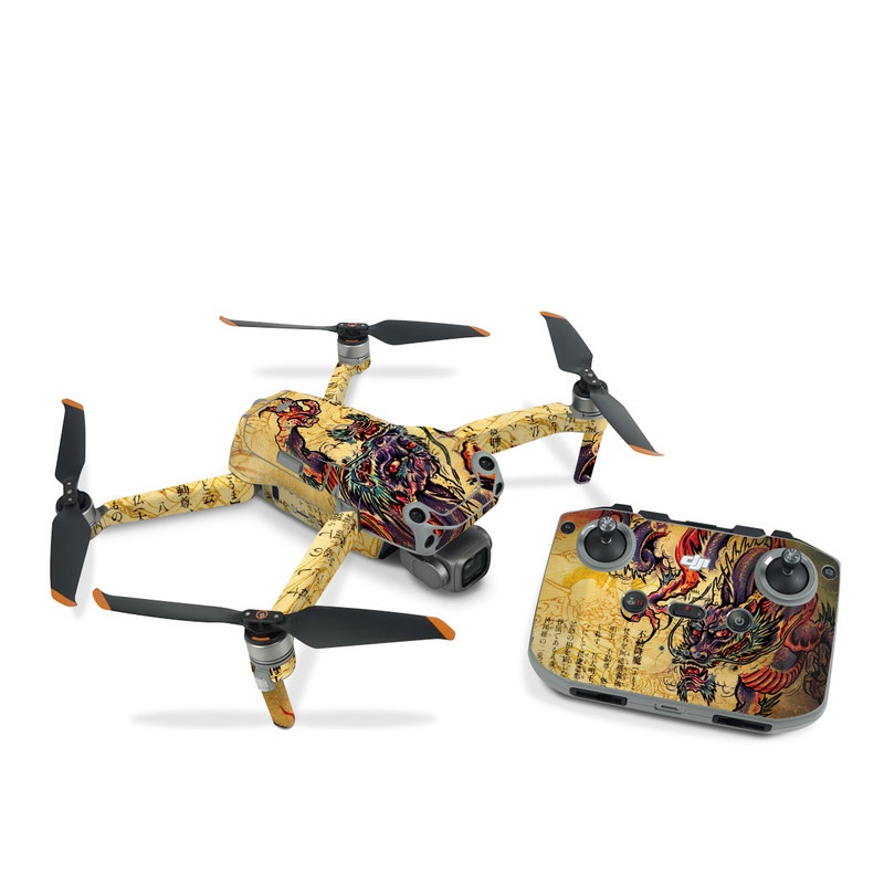 DJI Air 2S Skin design of Illustration, Fictional character, Art, Demon, Drawing, Visual arts, Dragon, Supernatural creature, Mythical creature, Mythology, with black, green, red, gray, pink, orange colors