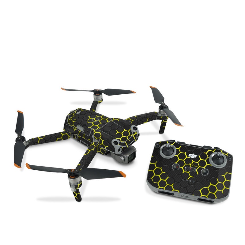 DJI Air 2S Skin design of Black, Pattern, Yellow, Mesh, Net, Chain-link fencing, Design, Metal, with black, gray, yellow colors