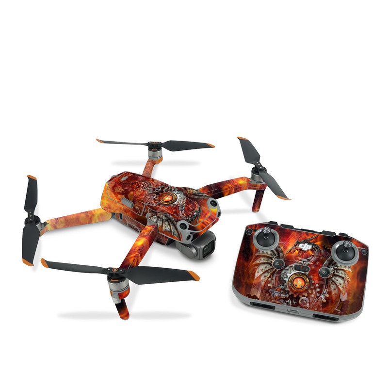 DJI Air 2S Skin design of Dragon, Demon, Cg artwork, Illustration, Fictional character, Fractal art, Flame, Art, Mythology, Supernatural creature, with red, black, orange, pink, green colors
