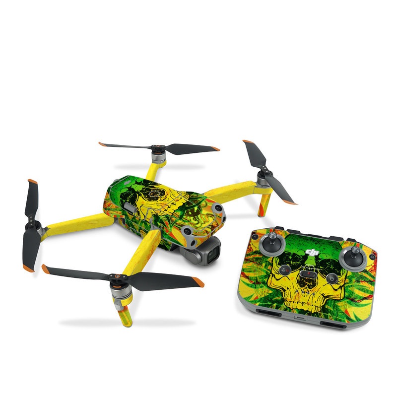 DJI Air 2S Skin design of Psychedelic art, Skull, Illustration, Bone, Art, Graphic design, Visual arts, Poster, Plant, Painting, with green, orange, black, red colors
