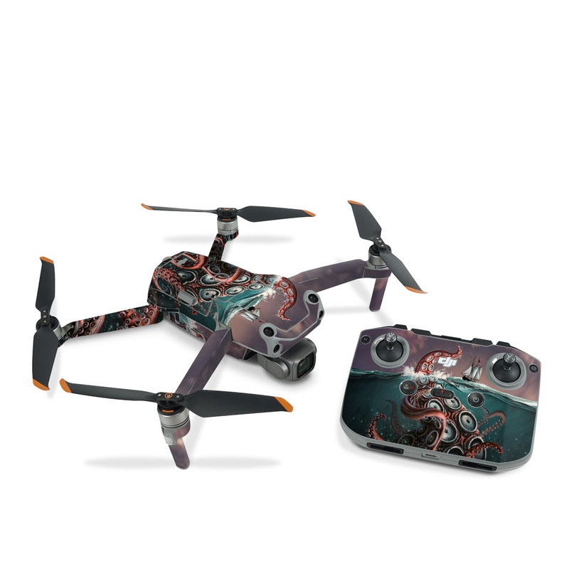 DJI Air 2S Skin design of Octopus, Water, Illustration, Wind wave, Sky, Graphic design, Organism, Cephalopod, Cg artwork, giant pacific octopus, with blue, gray, white, brown, red colors