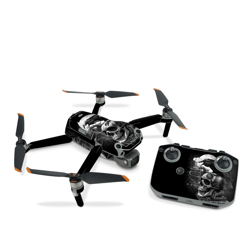 DJI Air 2S Skin design of Bone, Skull, Bird, Darkness, Monochrome, Wing, Black-and-white, Illustration, Beak, Fictional Character, Drawing, Symbol, with black, white, gray colors