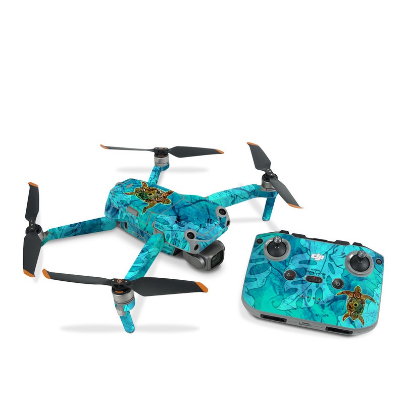 DJI Air 2S Skin design of Sea turtle, Green sea turtle, Turtle, Hawksbill sea turtle, Tortoise, Reptile, Loggerhead sea turtle, Illustration, Art, Pattern, with blue, black, green, gray, red colors