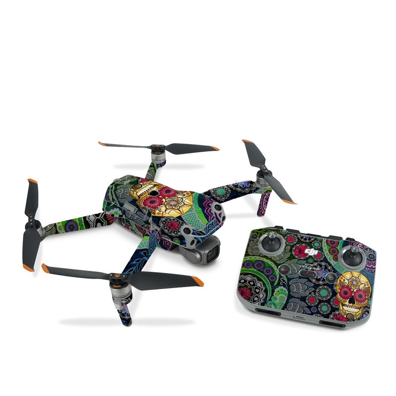 DJI Air 2S Skin design of Skull, Bone, Pattern, Psychedelic art, Visual arts, Design, Illustration, Art, Textile, Plant, with black, red, gray, green, blue colors