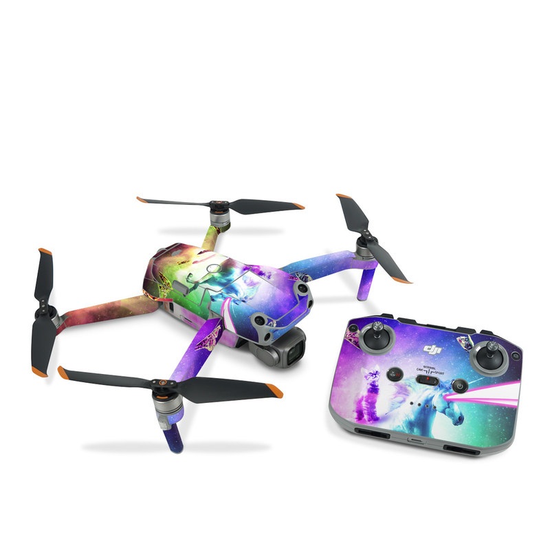 DJI Air 2S Skin design of Fictional character, Illustration, Unicorn, Graphic design, Sky, Space, Mythical creature, Cg artwork, Art, Mythology, with black, white, blue, green, purple, pink, red colors
