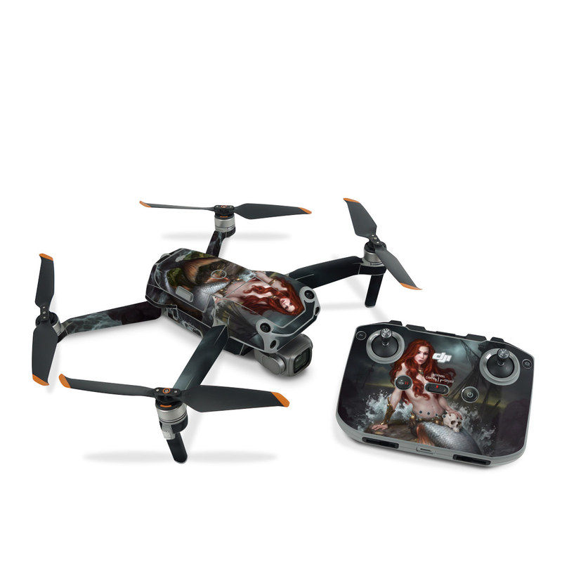 DJI Air 2S Skin design of Mermaid, Cg artwork, Illustration, Fictional character, Mythology, Mythical creature, Art, Long hair, Woman warrior, Sitting, with black, brown, red, yellow, white, gray colors