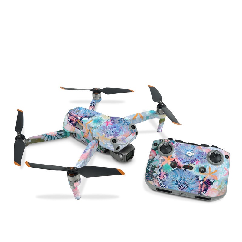 DJI Air 2S Skin design of Pattern, Aqua, Textile, Design, Watercolor paint, Visual arts, Flower, Art, Plant, Illustration, with blue, orange, pink, purple, green, white colors