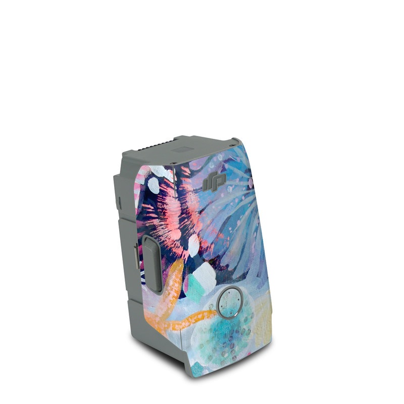 DJI Air 2S Battery Skin design of Pattern, Aqua, Textile, Design, Watercolor paint, Visual arts, Flower, Art, Plant, Illustration, with blue, orange, pink, purple, green, white colors