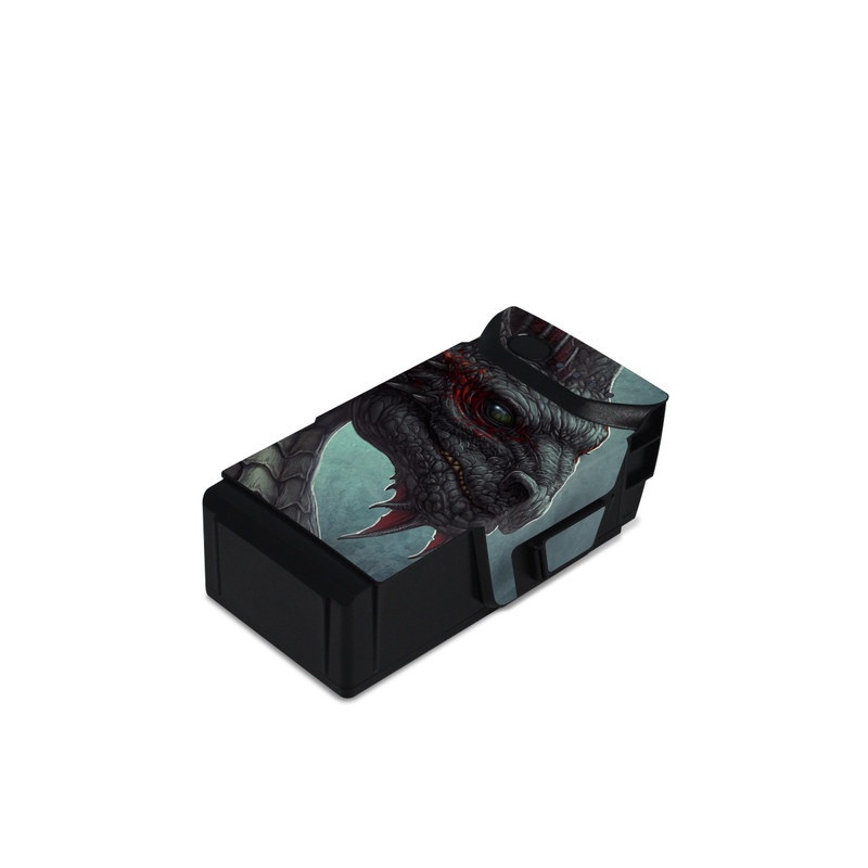 DJI Mavic Air Battery Skin design of Dragon, Fictional character, Mythical creature, Demon, Cg artwork, Illustration, Green dragon, Supernatural creature, Cryptid, with red, gray, blue colors