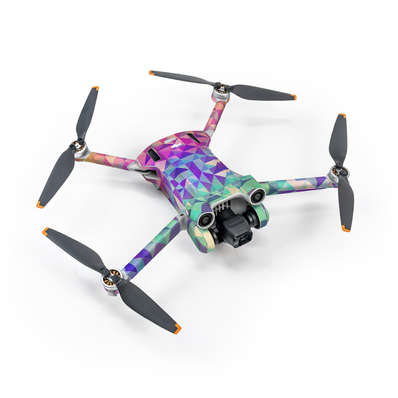 DJI Mini 3 Pro Skin design of Pattern, Purple, Triangle, Violet, Magenta, Line, Design, Symmetry, Psychedelic art, with gray, purple, green, blue, pink colors