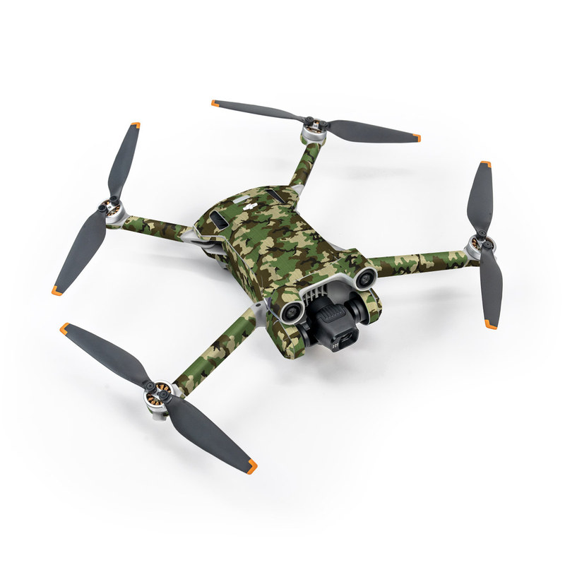 DJI Mini 3 Pro Skin design of Military camouflage, Camouflage, Clothing, Pattern, Green, Uniform, Military uniform, Design, Sportswear, Plane with black, gray, green colors